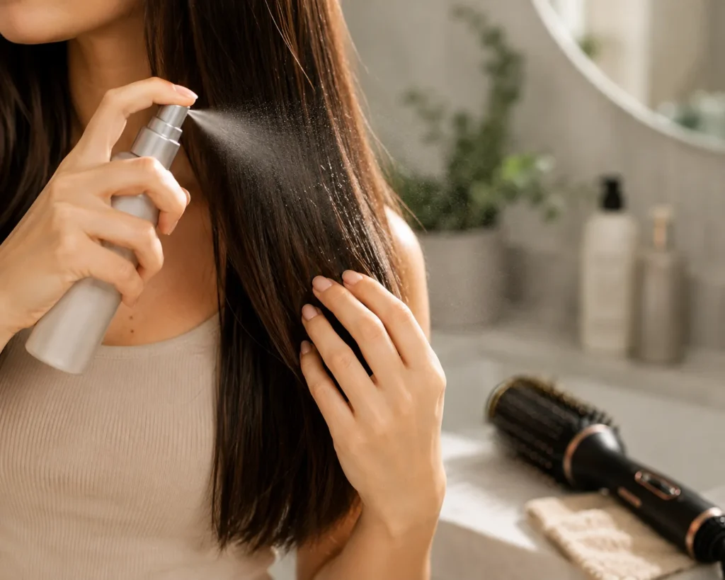Heat protectant spray being applied to hair before using a hot air brush
