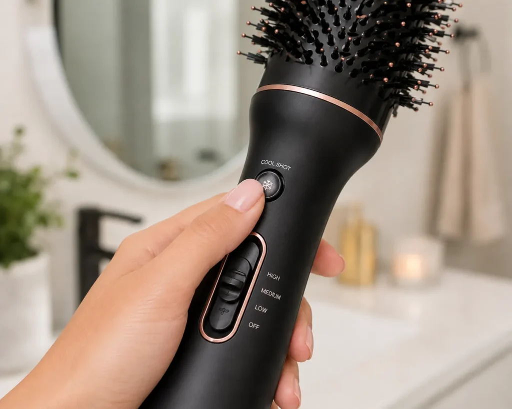 Hand pressing the cool shot button on a hot air brush with adjustable heat settings