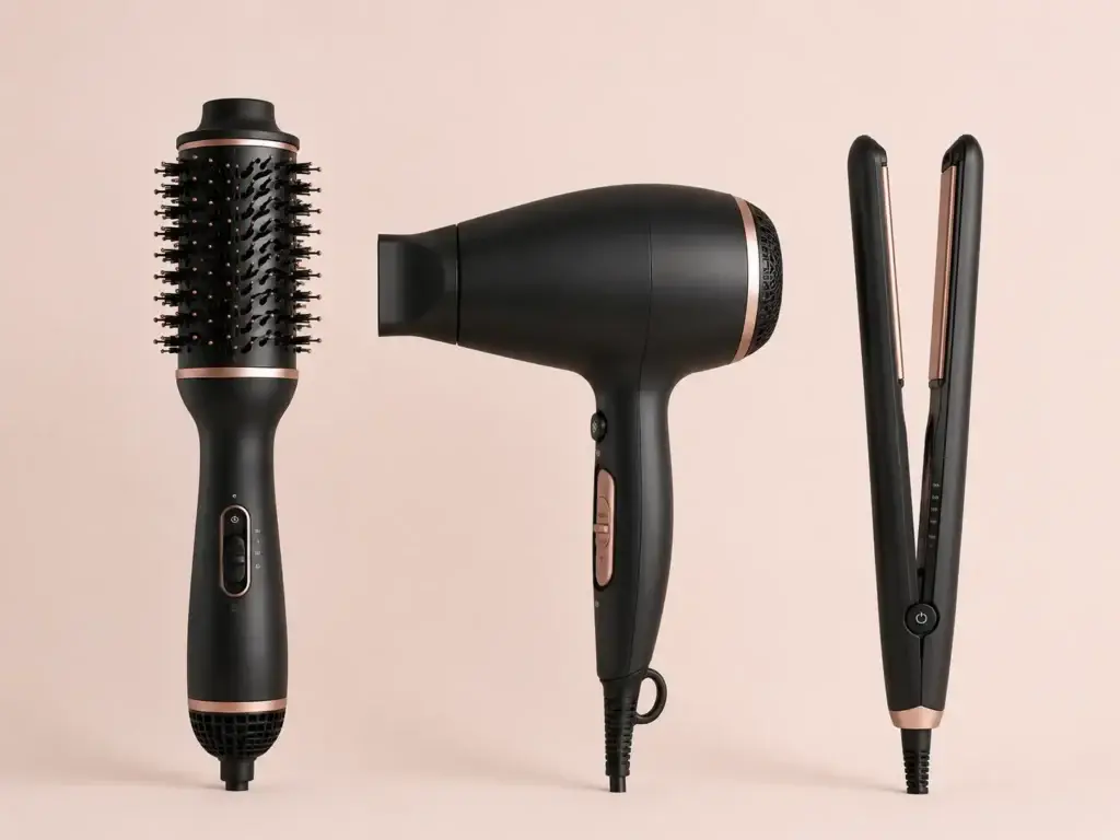Comparison of a hot air brush, blow dryer, and flat iron side by side