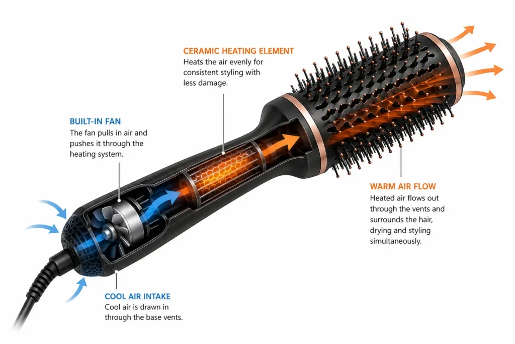 Diagram showing how a hot air brush works with a fan, heating element, and air vents