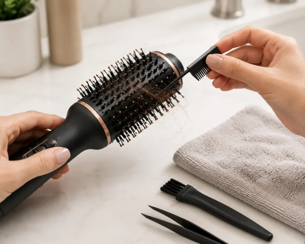 Cleaning hair from the bristles of a hot air brush with a comb