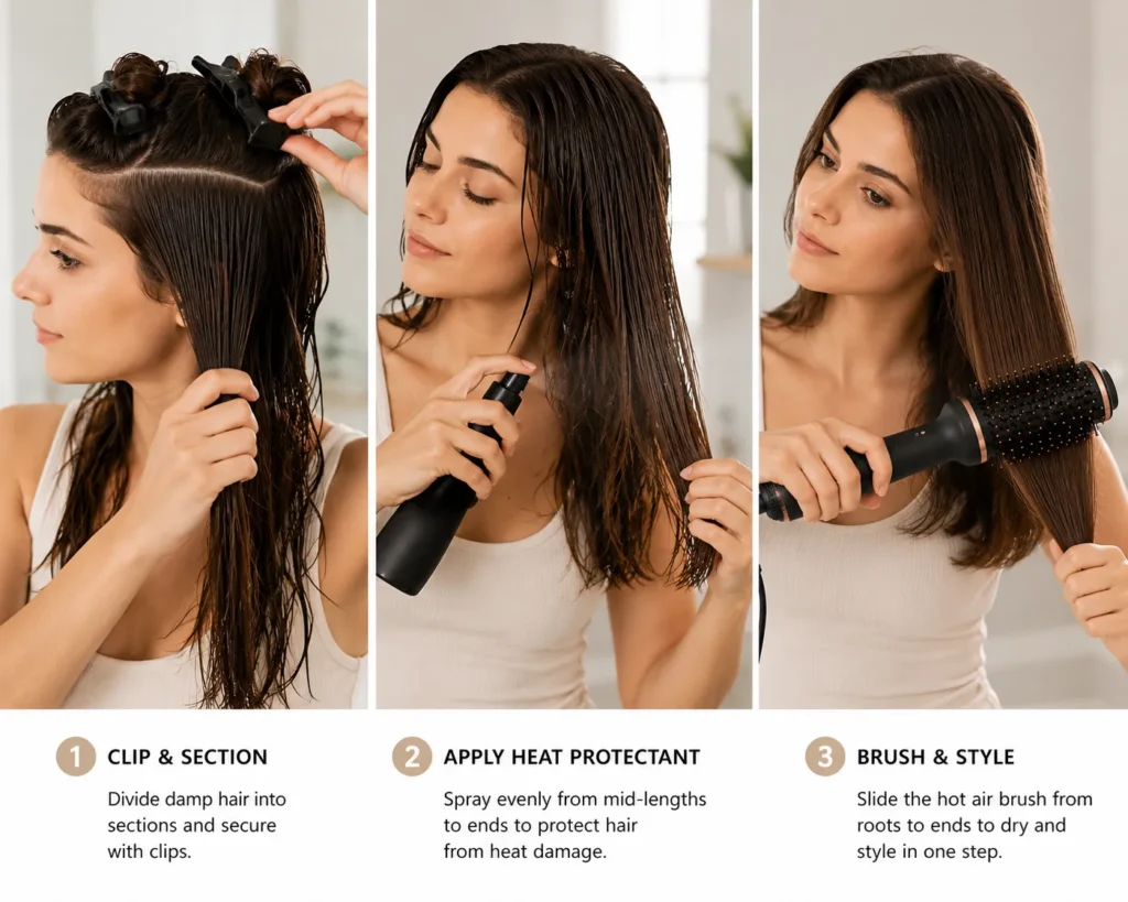 Step-by-step process of using a hot air brush: sectioning hair, heat protectant, and brushing