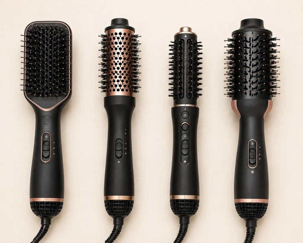 Four types of hot air brushes: paddle, round, rotating, and one-step volumizer